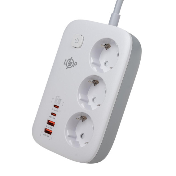 Мережевий фільтр (подовжувач) LP F65WG4 (3x230V-3520W, 2xUSB-60W, 2xType-C 65W QC/PD)