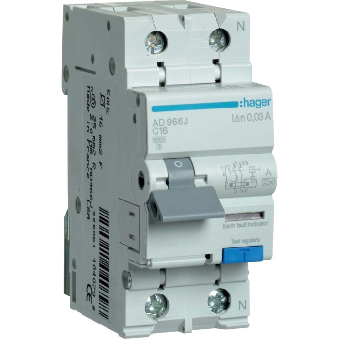 Дифавтомат Hager 1+N С16/30mA 6кА, тип-A AD966J