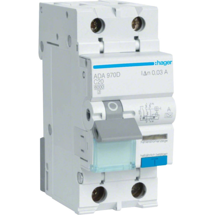 Дифавтомат 1P+N, 6kA, C-20A, 30mA, A Hager ADA970D