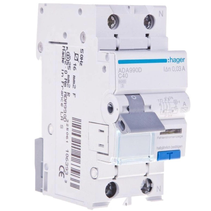 Дифавтомат 1P+N, 6kA, C-40A, 30mA, A Hager ADA990D