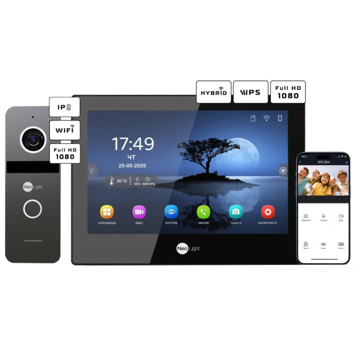 Комплект відеодомофону Neolight ALPHA Hybrid Black + SOLO IPW Graphite з кутком, PoE ад