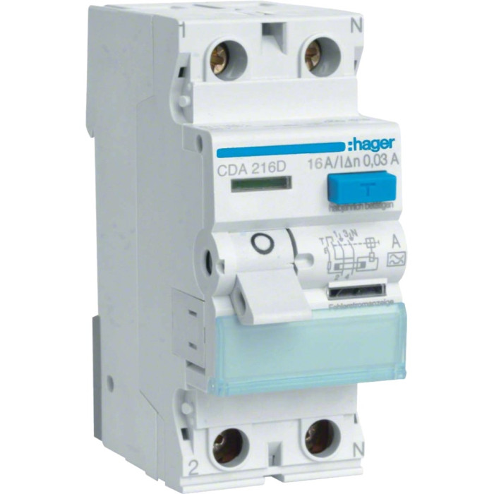 Диференціальне реле 2P, 6kA, 16A, 30mA, A, Hager CDA216D