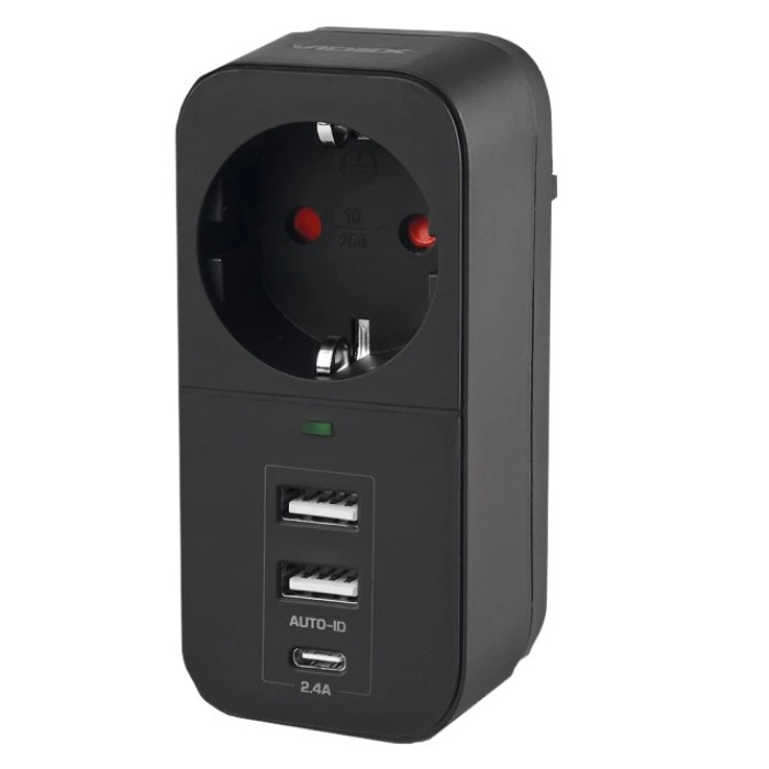 Мережевий адаптер з заземленням VIDEX ONCORD з/з 1п 2.4A 2USB+USB-C Black