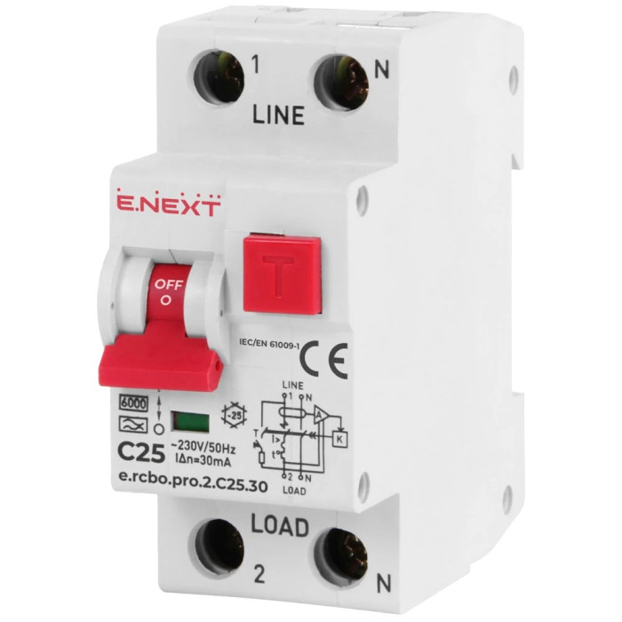 Вимикач диференціального струму із захистом від надструмів Enext e.rcbo.pro.2.C25.30, 1P+N, 25А, С, тип А, 30