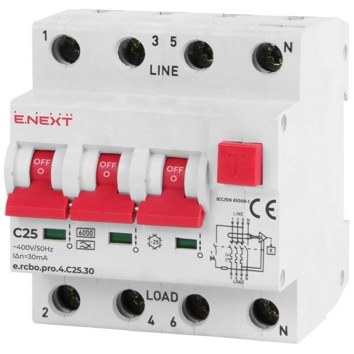 Вимикач диференціального струму із захистом від надструмів Enext e.rcbo.pro.4.C25.30, 3P+N, 25А, С, тип А, 30