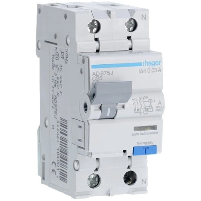 Дифавтомат Hager 1+N С25/30mA 6кА, тип-A AD975J
